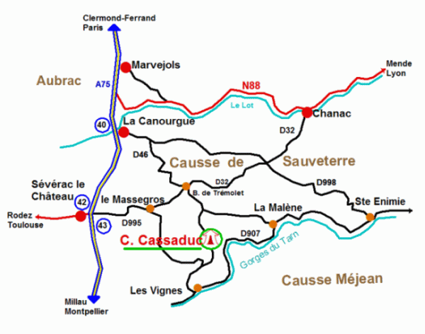 situation géographique du Camping Cassaduc, au sud-ouest de la Lozère situation géographique du Camping Cassaduc, au sud-ouest de la Lozère